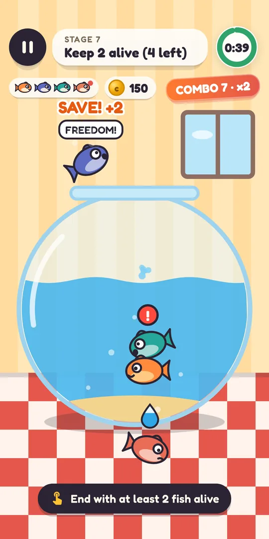 A fish saved mid-air above the bowl, with a SAVE +2 label and a combo badge