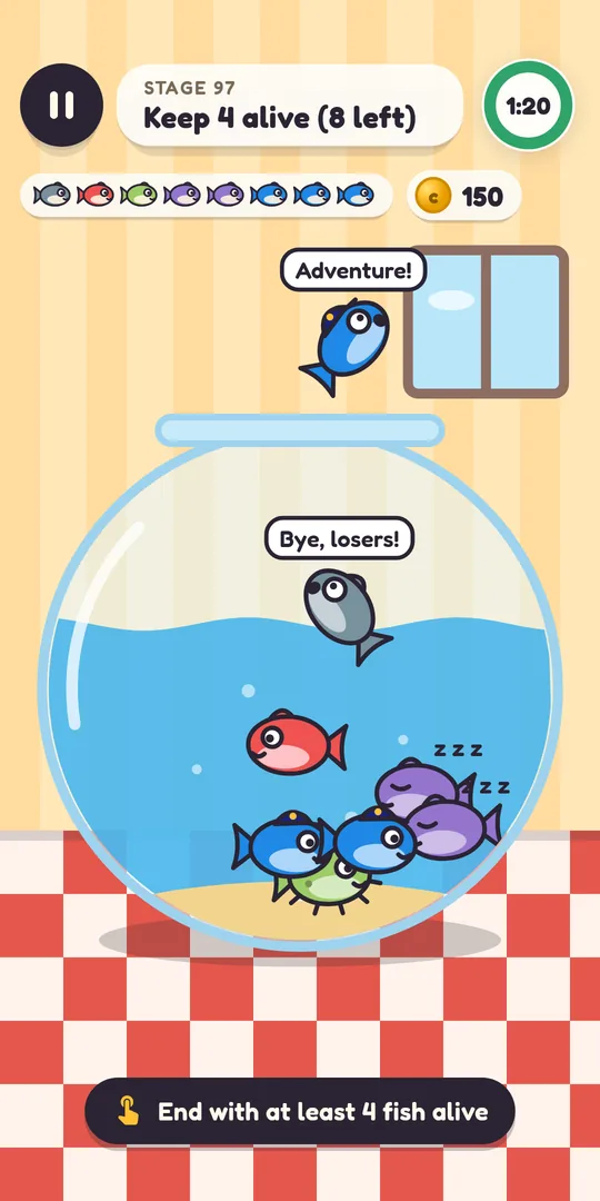 A crowded bowl with sleepy, spiky and captain fish